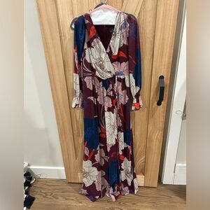 Adrianna Papell Burgundy, Navy & Cream Floral Maxi Wrap Dress